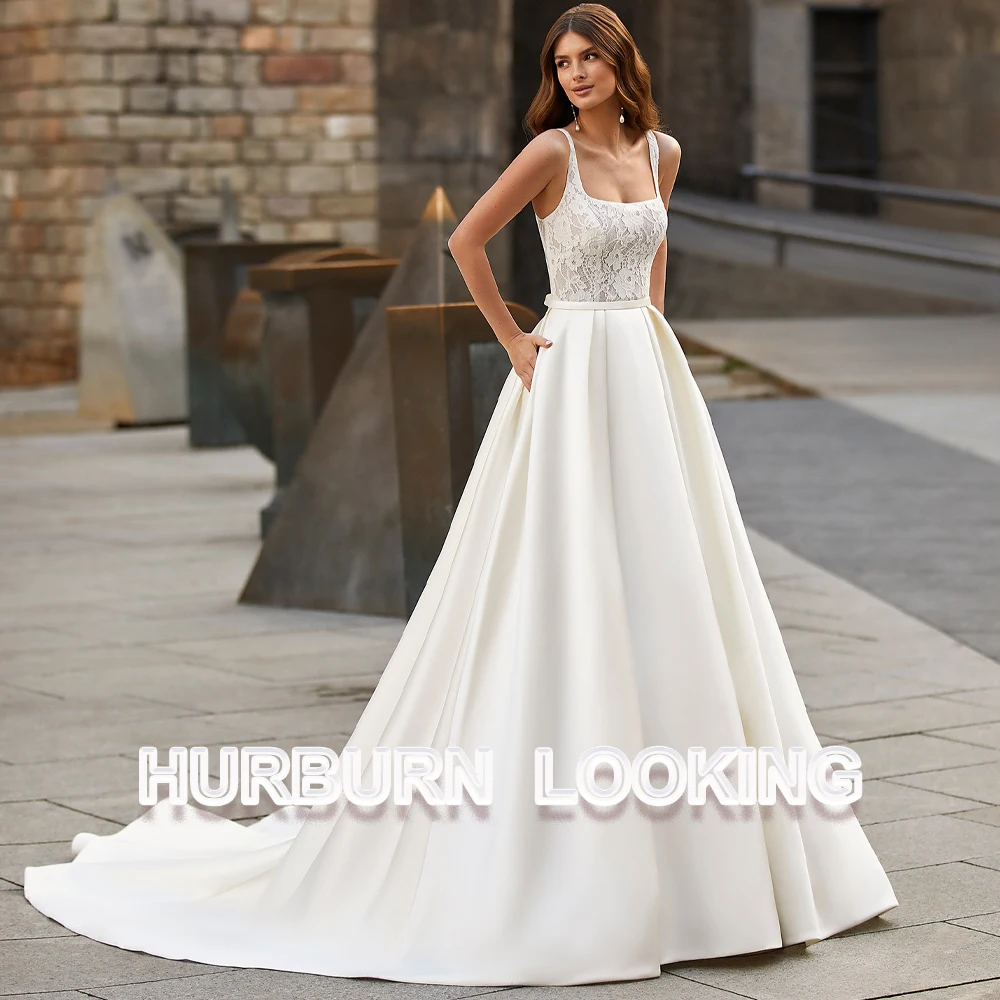 

HERBURN Modern Wedding Dresses Square Collar Satin A-Line Backless Buttons Court Train 2024 Robe De Mariée Engagement Plus