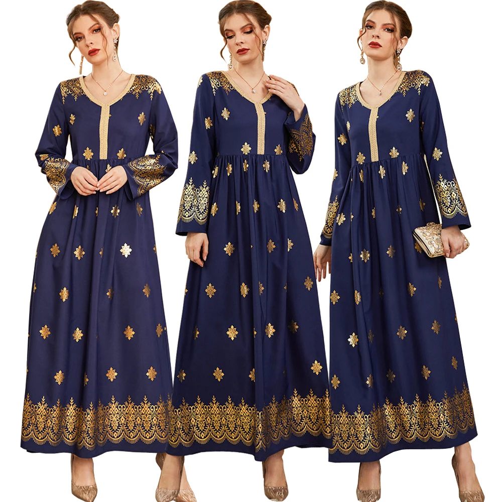 

Ramadan Maxi Dress for Women Ethnic Vintage Gold Stamping Ribbon V Neck Arab Oman Dubai Turkey Muslim Clothes 2022 Eid Mubarak