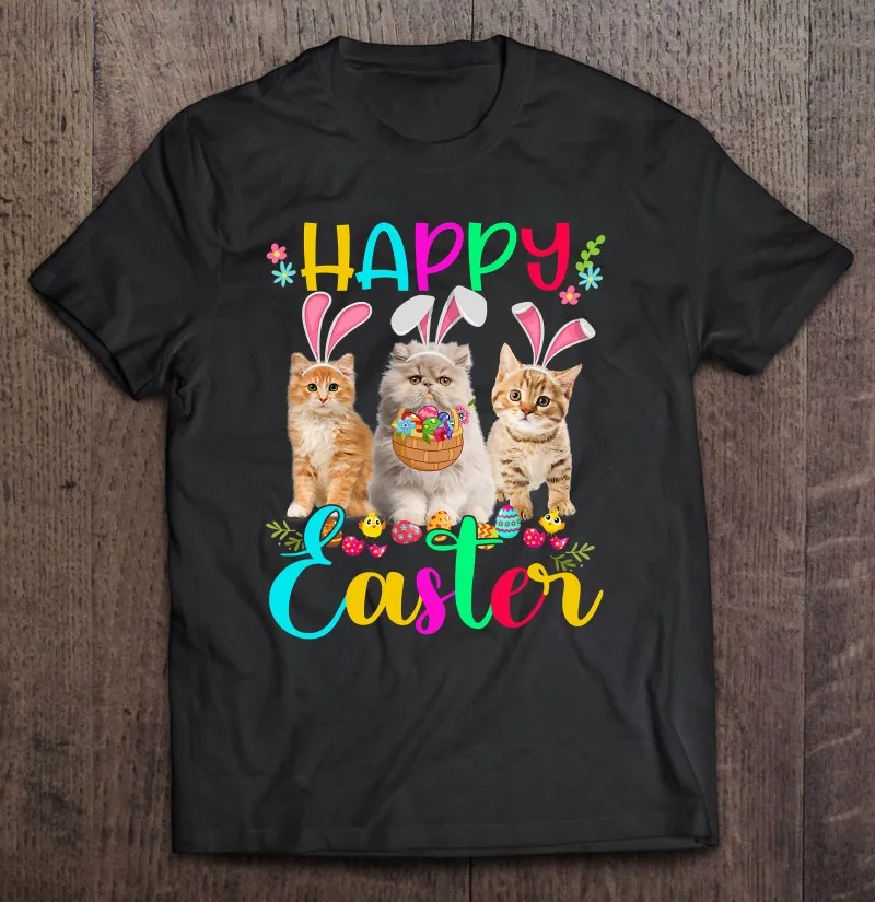 

Счастливая Пасха Три кошки носить Кролик уши Кролик Кот влюбленная футболка одежда парная Oversizet Kawaii футболка мужская рубашка