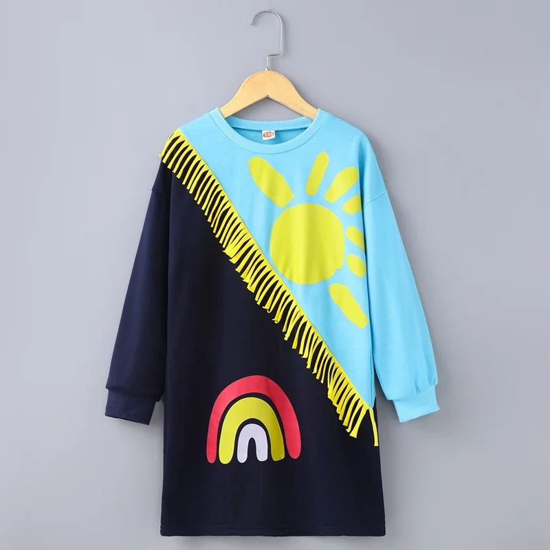 

Модное платье для девочек, детские платья с длинным рукавом, контрастные радужные солнцезащитные Детские платья для девочек, весна-осень 2022...