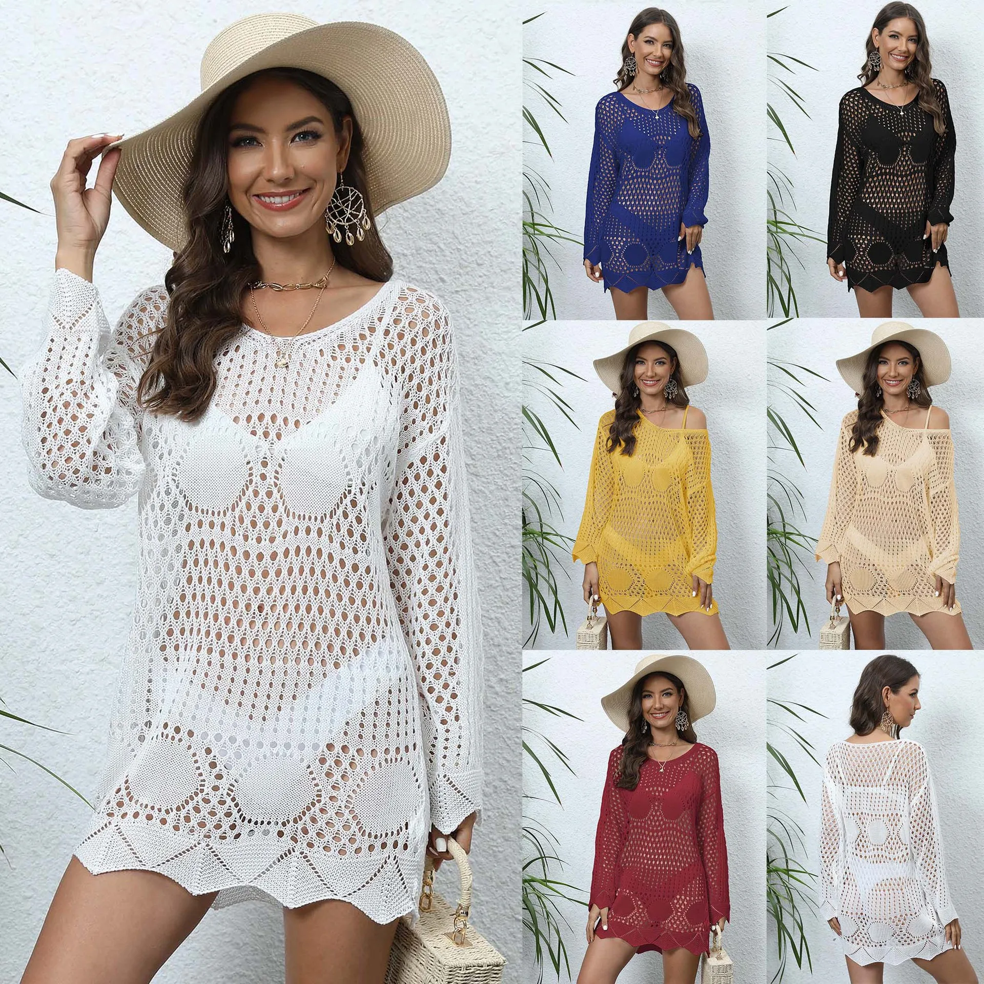 

Cover-ups Women Summer Dress 2023 Crochet Sexy Hole Beach Cover Up For Tunic On The Sea Sleeveless 2022 NEW saida de praia White