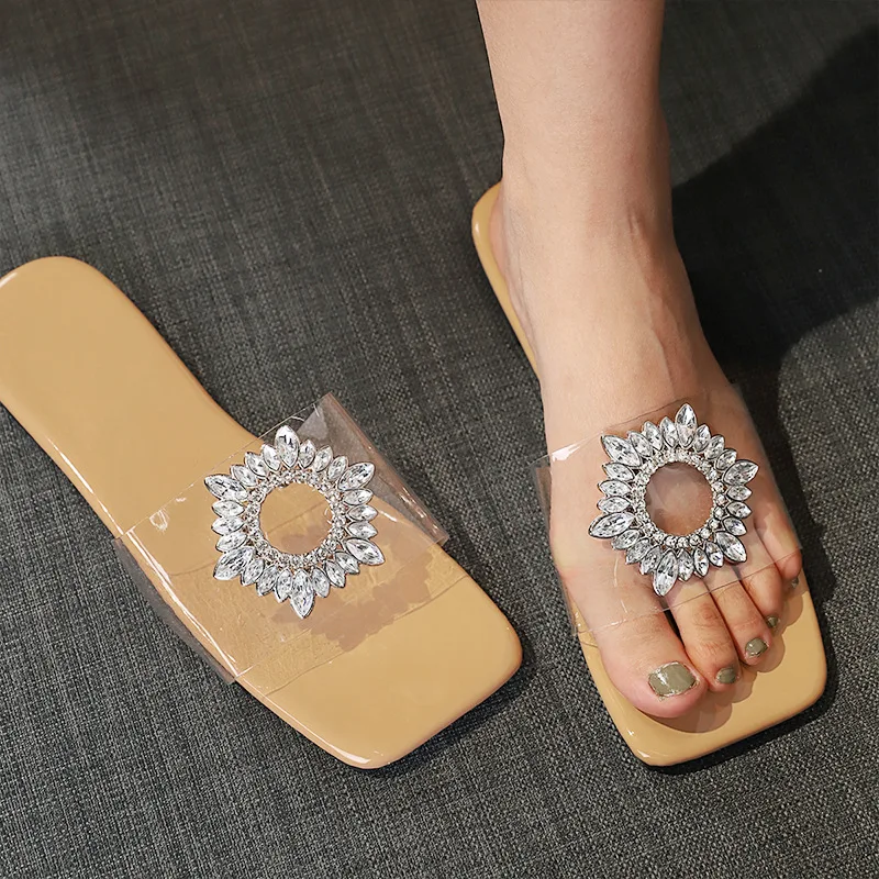 Europe and the United States large size sexy low-heeled slippers women's square head summer new rhinestone crystal slippers