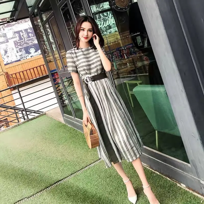 

Women 2022 Summer French Retro O-neck Striped Dresses Female Short Sleeve Chiffon Dress Ladies Loose A-line Vestidos U112