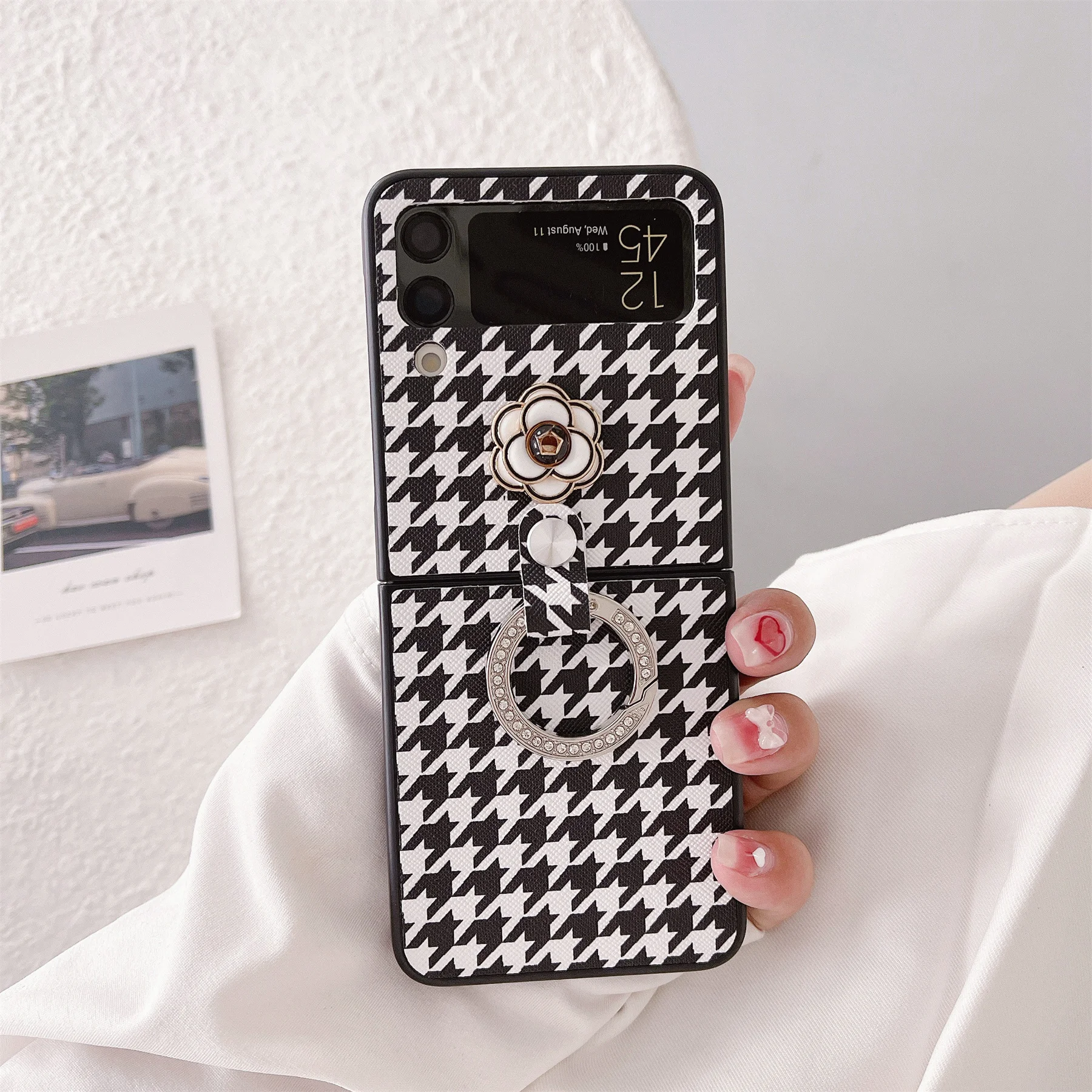 

Luxury Korean Houndstooth Camellia Glitter Ring Phone Case For Samsung Galaxy Z Flip 3 4 5G Z Flip4 Flip3 Shockproof Back Cover