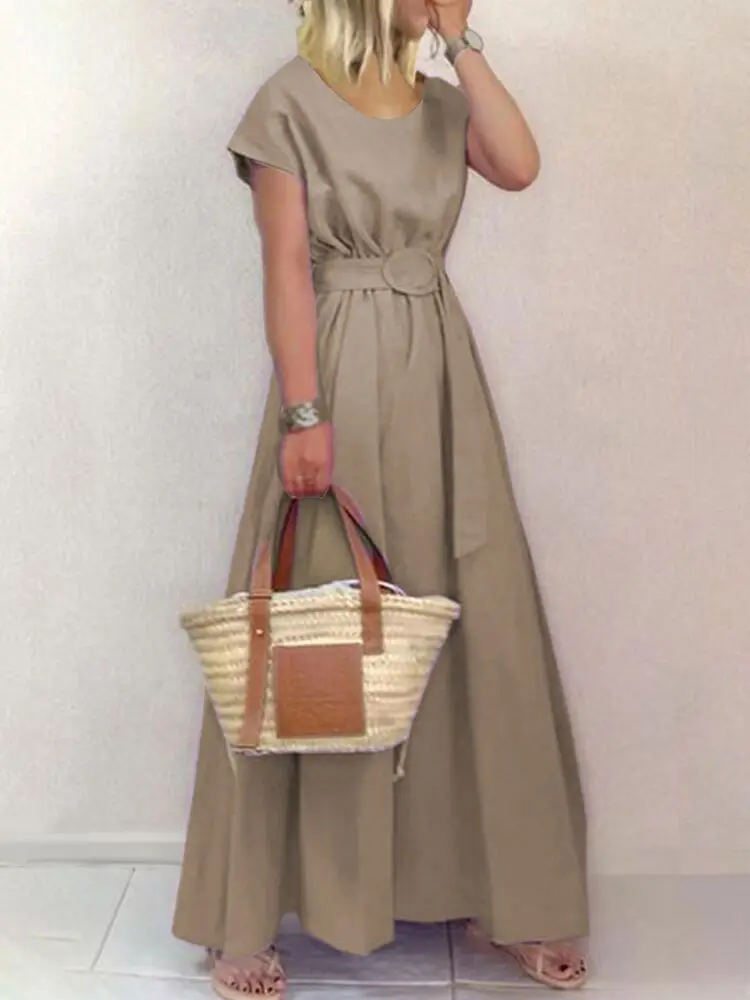 

Summer Short Sleeve Loose Maxi Dresses Boho Retro Solid Simple Office Long Dress Women New O Neck Lace-up Belted Party Dress