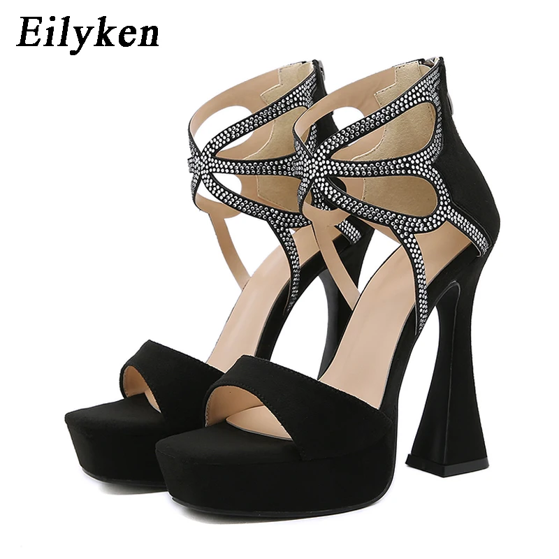 

Eilyken 2022 New Summer Sexy CRYSTAL Sandals Open Toe Platform Thick Heels Woman Shoes Rome Zipper Dress Heels Club Sandal
