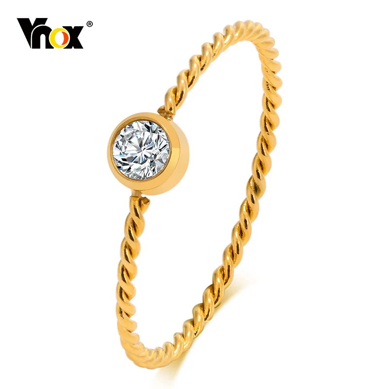 

Vnox Women Ring, Slim Twisted Rope Chain Band with AAA CZ Stone Solitaire Ring, Gold Color Cute Girls Jewelry