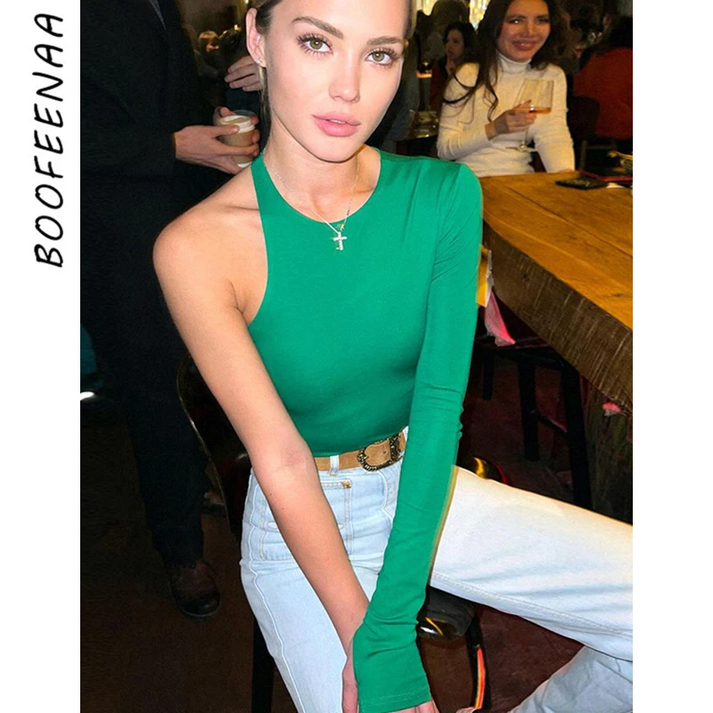 

BOOFEENAA 2022 Fashion Women Cutout Bodysuit Green Black Ribbed One Shoulder Long Sleeve Asymmetrical Top Sexy Clothing C68-CZ17