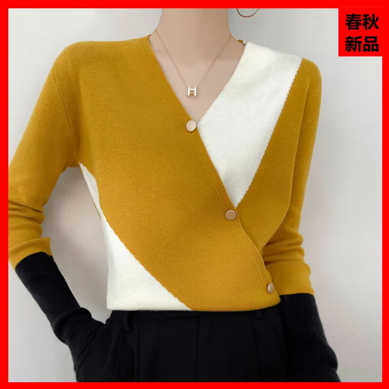 

2022 Spring Slim-Fitting Cardigan Japanese Stitching Contrast Color New Bottoming Knitted Sweater V-neck Base Colored Pullover