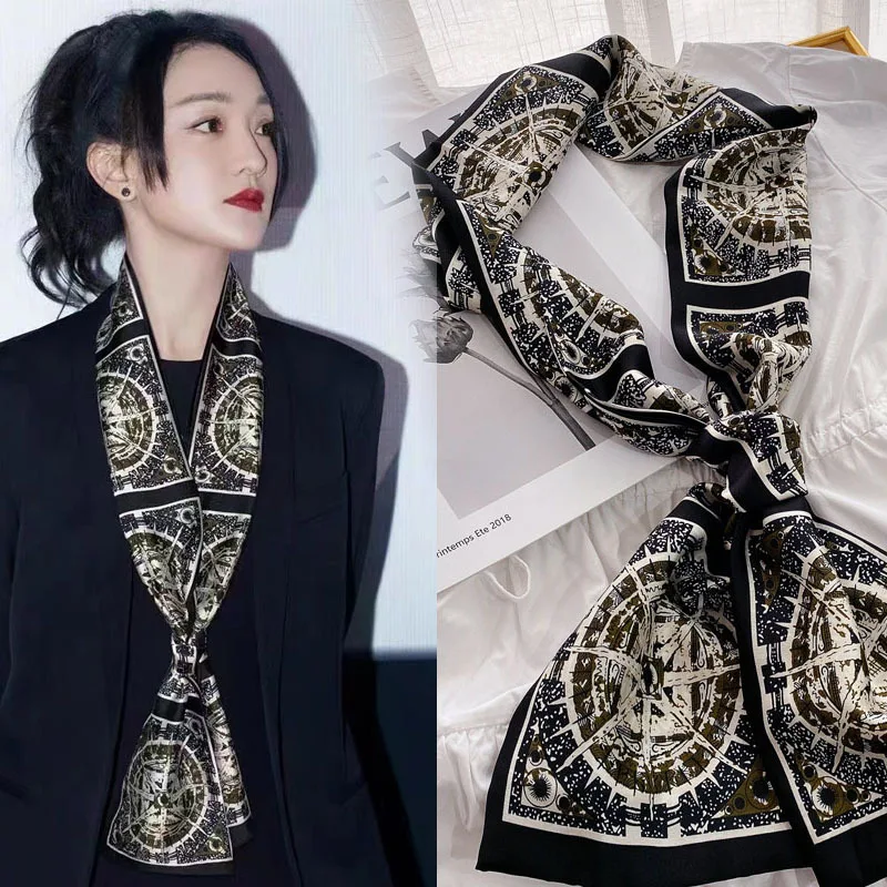 

2022 New Long Silk Scarf Women's Fashion Korean Silk Scarves Thin Scarf Narrow Long Silk Scarf 100% Nature Silk Small Scarf