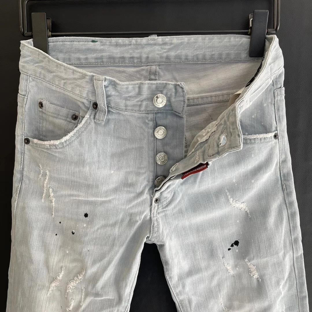 New DSQUARED2 Men's/Women Slim-Fit Jeans, Fashion Hole Patch Frayed Micro-Elastic Pants 9103-1