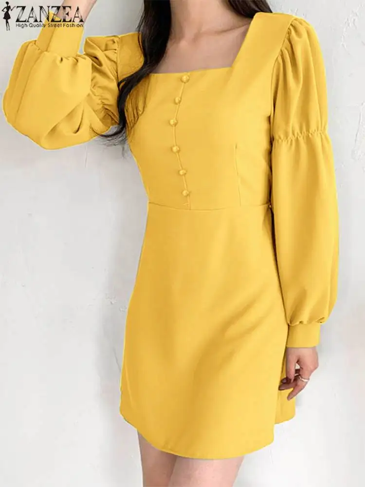 

Мини-платье ZANZEA женское с квадратным вырезом, модный винтажный сарафан-трапеция с рукавами лотоса, элегантное вечернее платье в Корейском с...