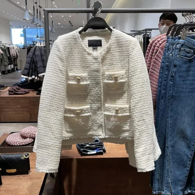 

Spring Autumn 2023 Women Runway High Quality Coat Tweed Jacket Female Chic Tops Cropped Hot White Black