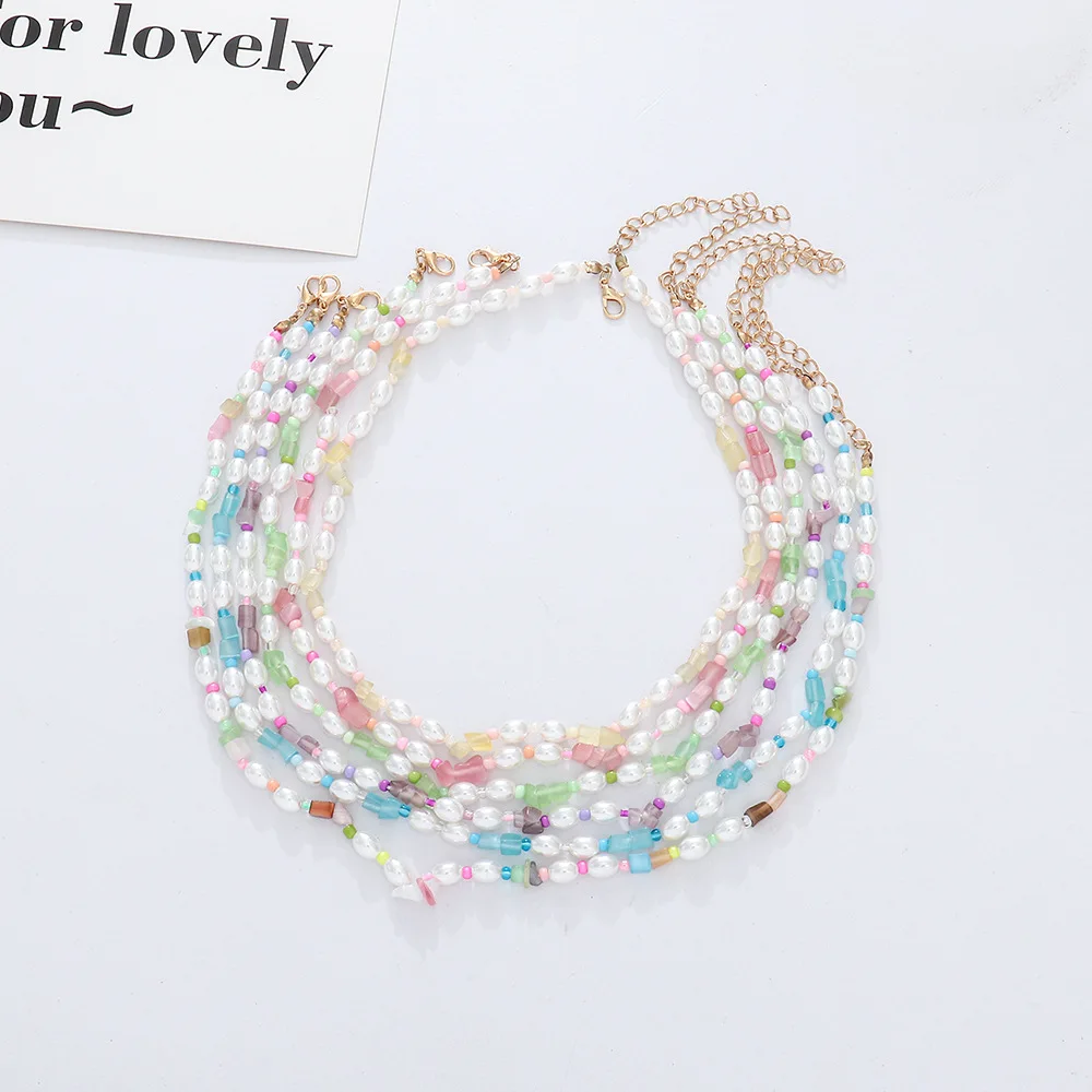 

Bohemian Pearl Beads Necklaces Boho Colorful Round Rice Beads Womens Fashion Clavicle Chain Choker Necklace Jewelry For Girls