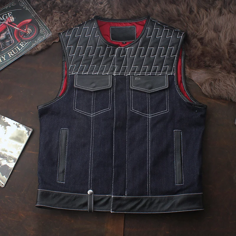 

Motorcycle Riding Biker Vests SOA Club Leather Vest Men Real Cowhide Denim Patchwork Waistcoat Sons of Anarchy Sleeveless Jacket