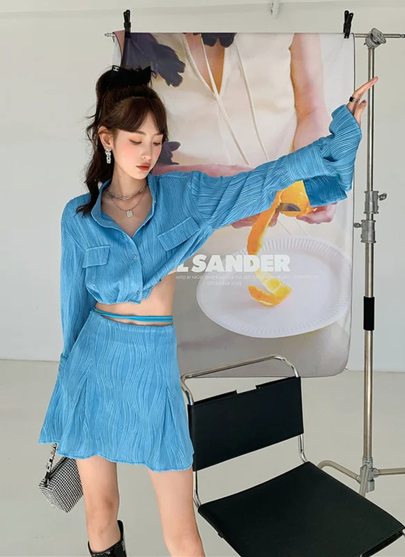 Sexy Long Sleeve Blue Skirt Suit Fashion Flare Sleeve Crop Top+bandage A-line Skirt Two Piece Set 2022 Summer Clothing Women