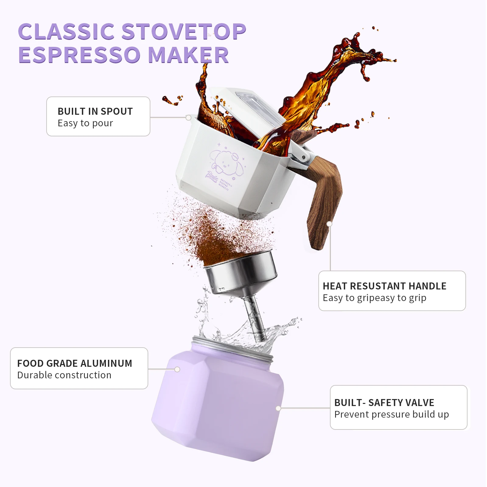 Фото Кофеварка Moka Pot Bincoo в форме собаки с двойным клапаном, набор для приготовления эспрессо на плите, милый дизайн в виде животного, домашний набор для заваривания кофе №4