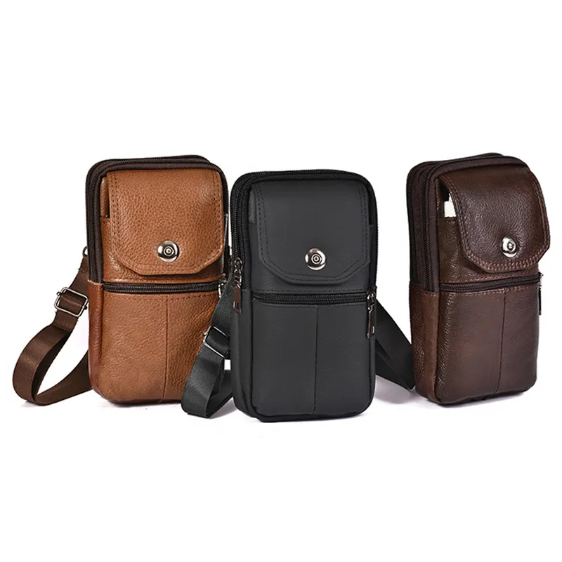 Men's Messenger Bag Cowhide Leather Bag Mobile Phone Pouch Pocket Wallet Male Small Travel Waist Bag Multi-Pockets Chest Bag