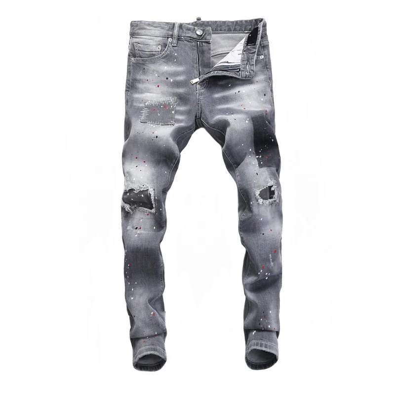 Street Fashion Men Jeans Retro Gray Elastic Painted Skinny Fit Hole Ripped Jeans Men Patched Designer Hip Hop Brand Pants Hombre