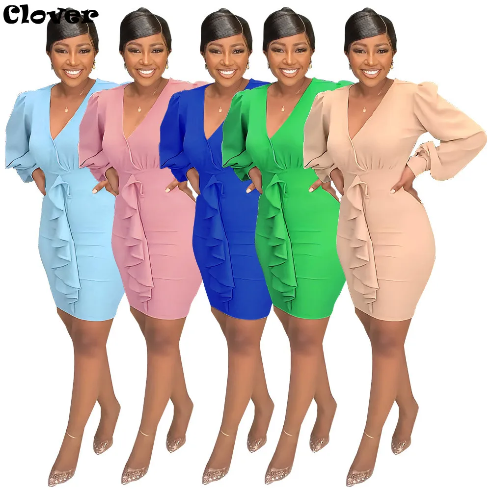 

Шикарное платье с оборками Chiclover 2022, женское платье с длинным рукавом и V-образным вырезом, офисная одежда, Повседневное платье, приталенные ...