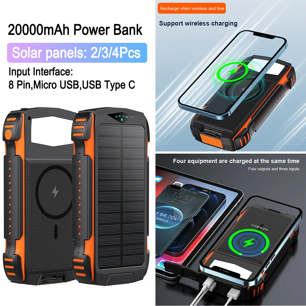 

20000mAh Solar Powered Power Bank 4 Ports IP66 Waterproof Outdoor External Battery Charger Powerbank 4 Output 3 Input for Phone