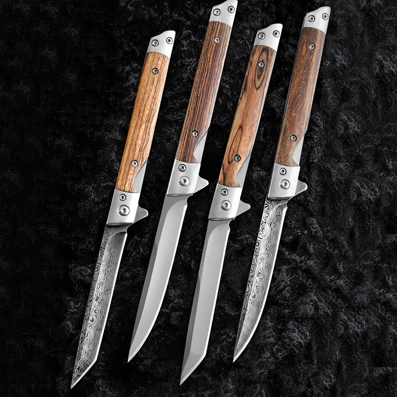 

215mm Outdoor Tactical Self Defense Knife Folding Knife Carry Around Multifunction Tools Gold Sandalwood Handle Cowhide Cover