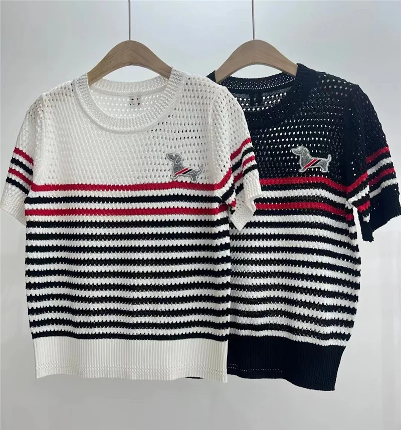 

High quality Korean style TB New Round Neck Chest Dog Contrast Stripes Cool Ice Silk Knitted Short-sleeved T-shirt Top Woman