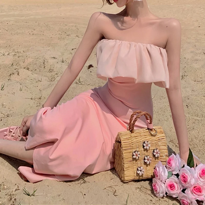 

Summer Temperament Tube Top Dress Female Mid-length Skirt One-shoulder Ruffle Skirt Summer A-line Long Thin Dress Women Clothes