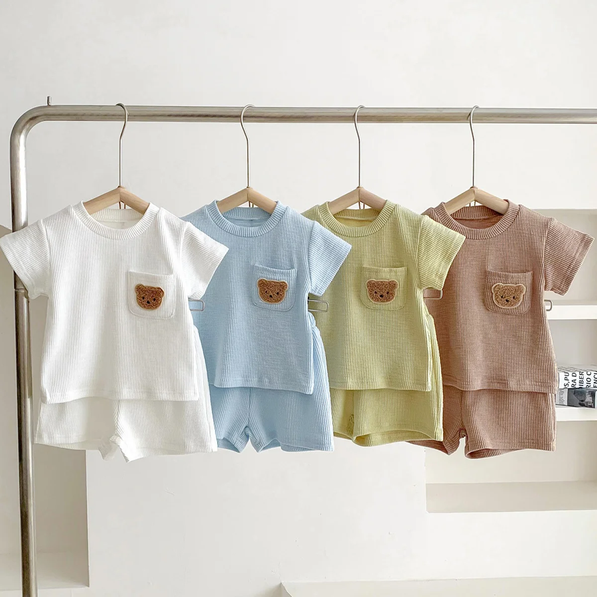 

Cartoon Bear Baby Summer Sets Solid Color Tee Shorts 2 Pcs Boys Clothes Suit Infant Clothing for Girls Fashion Kids Outfit 0-2 Y