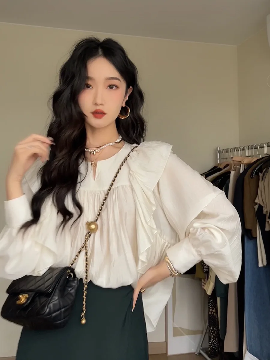

Ruffles Patchwork Women White Chiffon Blouse Vintage Full Sleeves Ruched Loose Casual Lady Shirt Tops Clothes