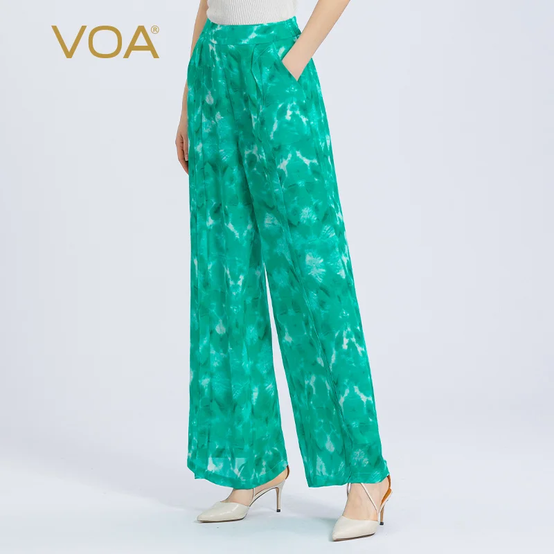 

VOA Silk Georgette Emerald Green Double-layer Bohemian Printed Elastic Waist Trousers Fresh Comfortable Wide-leg Pants KE665