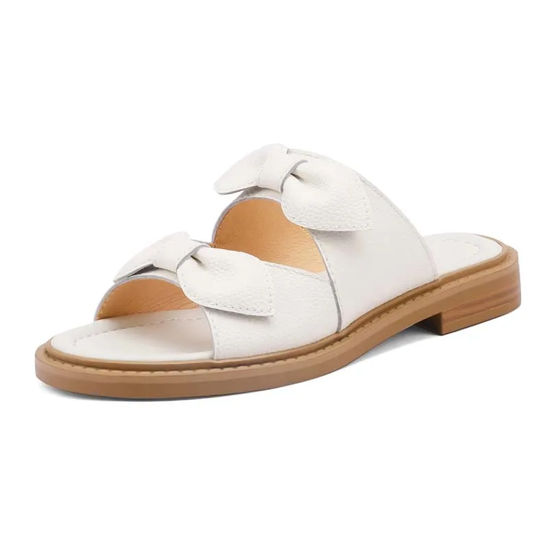 

Сланцы SmallHut женские, кожаные шлепанцы с двойным бантом, низкий каблук, открытый носок, желтые бежевые, лето 2022