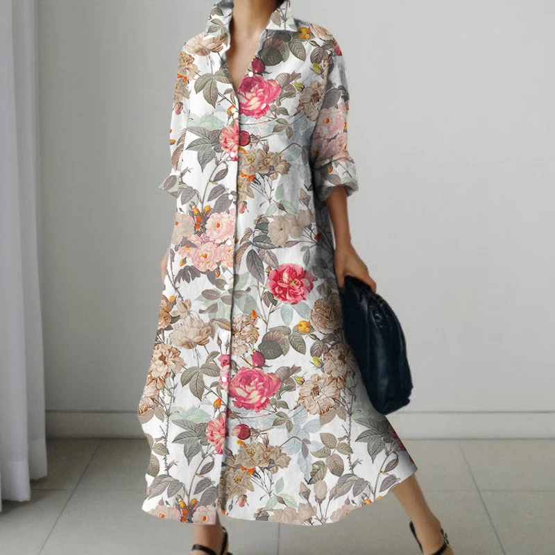 Длинное платье-рубашка с цветочным 3D принтом весна/лето платье в стиле бохо