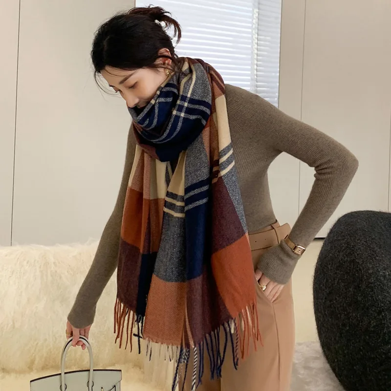 Новый шарф из чистой шерсти 70*190 см, женская зимняя Классическая клетчатая универсальная Толстая теплая кашемировая шаль большого размера, ...