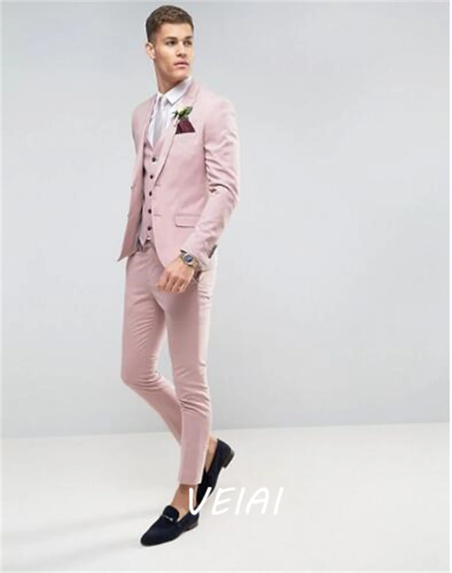 

Tailor Made Pink Men wedding Suits Slim Fit Groom Prom Party Blazer Male Tuxedo Jacket+Pants+Vest Costume Marriage Homme Terno