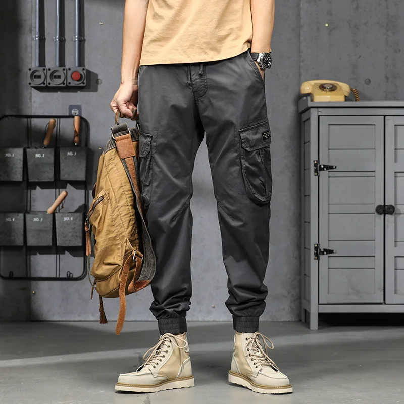 Men's Cotton Cargo Pants Autumn Breathable Solid Color Trousers Fitness Streetwear Sweatpants Male Spring Drawstring Sport Pants