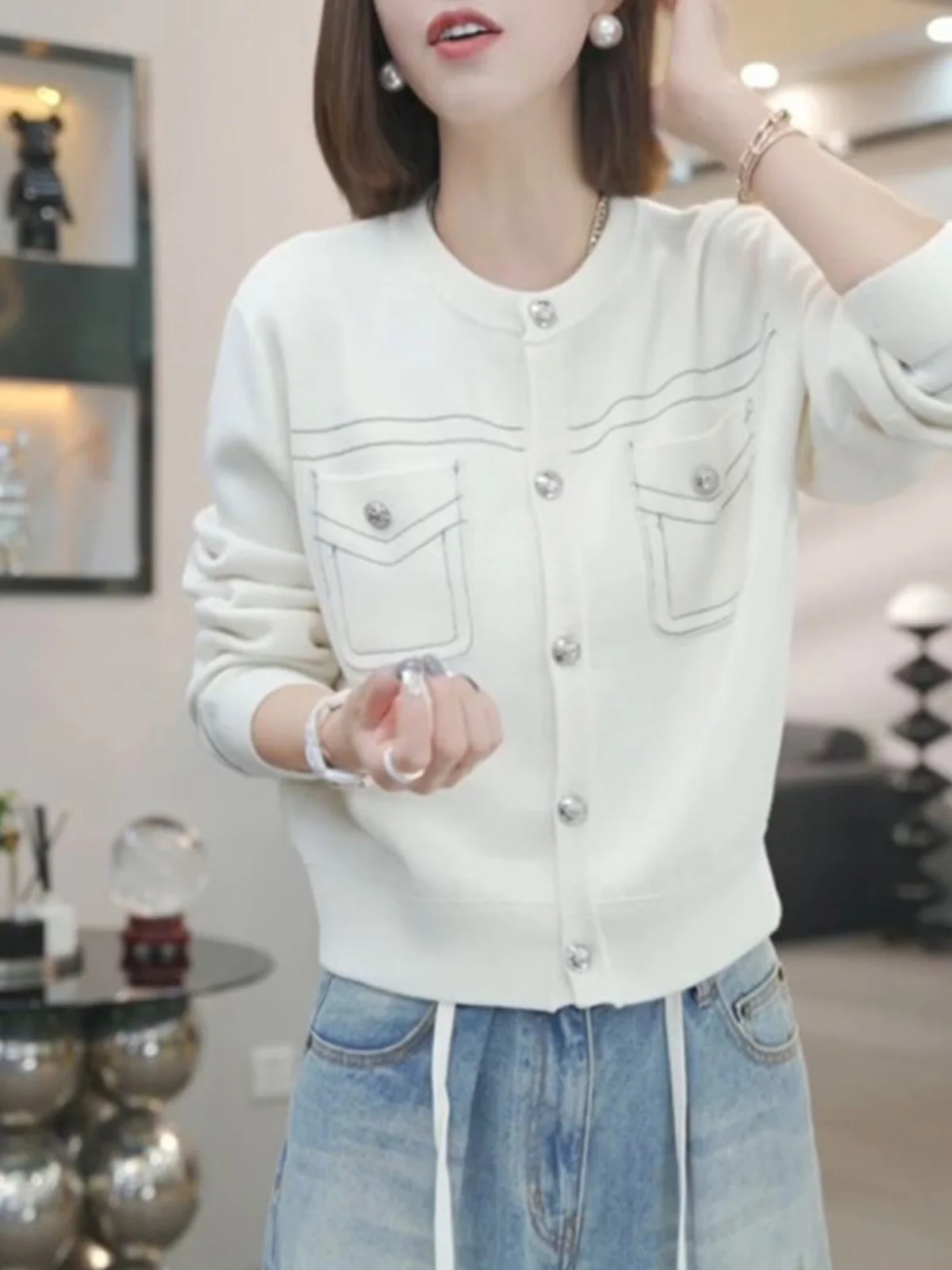 Женская Элегантная трикотажная осенняя одежда с открытой линией в стиле пэчворк