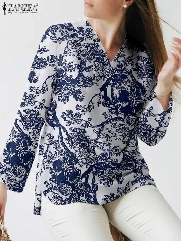 

Осенняя женская блузка ZANZEA с принтом, модные богемные хлопковые рубашки, топы с длинным рукавом и V-образным вырезом, свободные винтажные блузки Hoilday, 2023