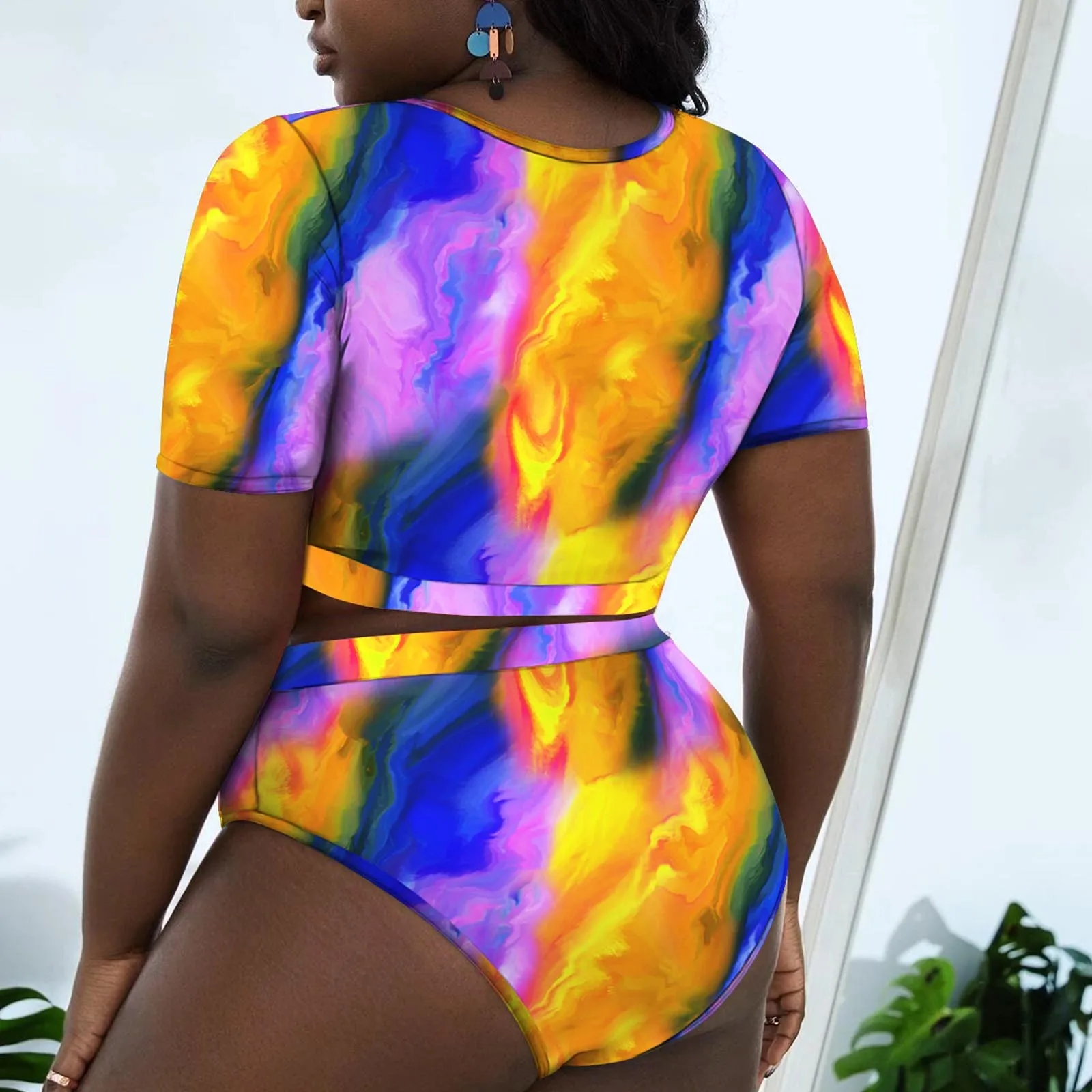 Цветочный принт спортивный купальник для женщин плюс размер короткий рукав