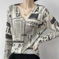 2022 new v neck knitted cardigan women loose short letter sweater printed bright silk fine imitation wool thin coat