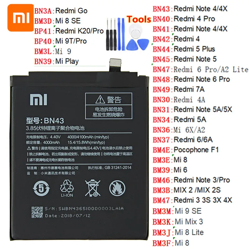 

Xiao mi 100% Orginal Phone Battery For Xiaomi Mi Redmi Note Mix 2 3 3S 3X 4 4X 4A 4C 5 5A 5S 5X M5 6 6A 7 8 Pro Plus BN43 BN31