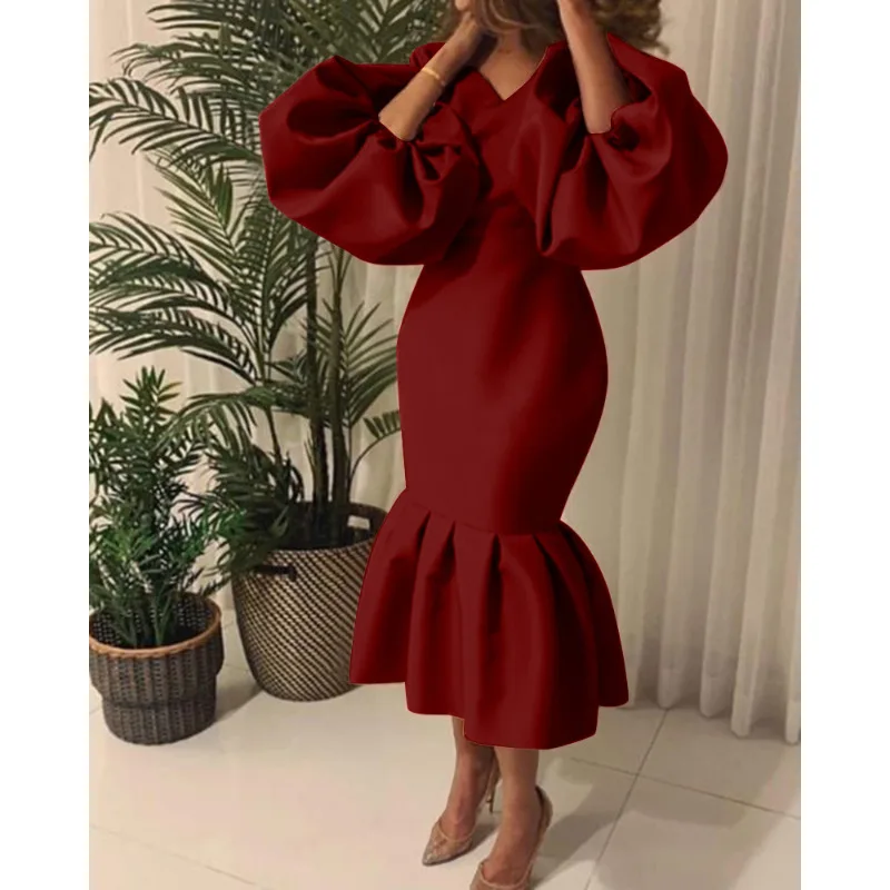 

Elegant Plus Size Women Party Dress 5XL Plus Sexy Lady Fishtail Birthday Dresses for Wedding Puff Sleeve Female Prom Vestido
