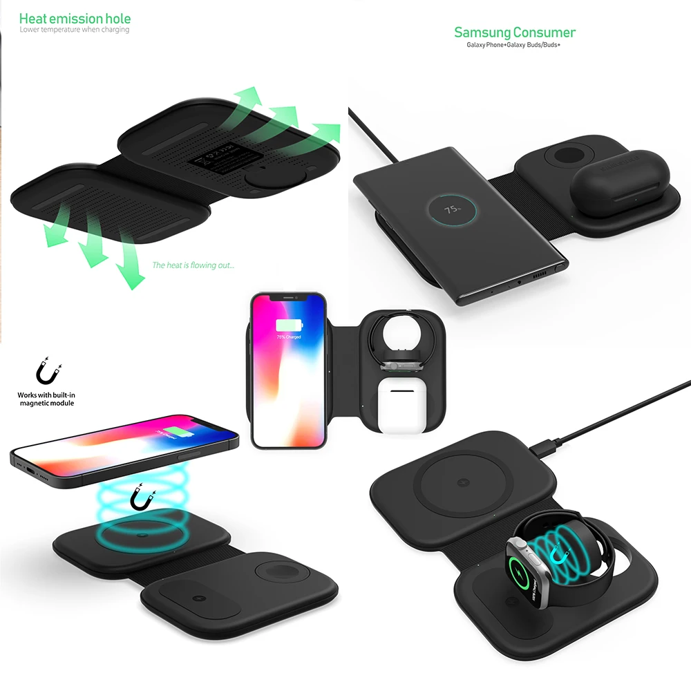 

3 In 1 Magnetic Wireless Chargers Pad For iPhone 13 12 Pro Max Foldable Qi Fast Charging Station iWatch 4 Airpods 2 Pro Charger