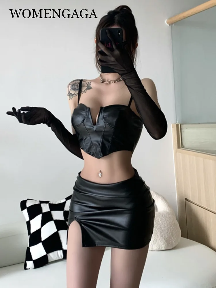 

High Street Spice Girls Suit Summer Female Sexy Tank Low Cut V Neck+ Side Split Pu Miniskirt Skirts Mesh Sleeve 3 Piece Set 4N52