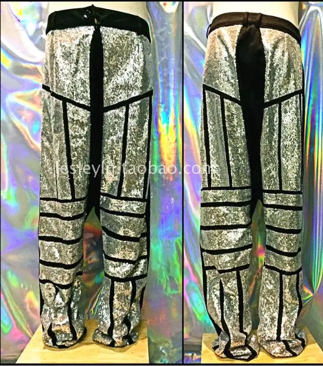 Korean version of male singer DJ performance pants men's personalized fashion trend silver sequin Harem pants stage pants