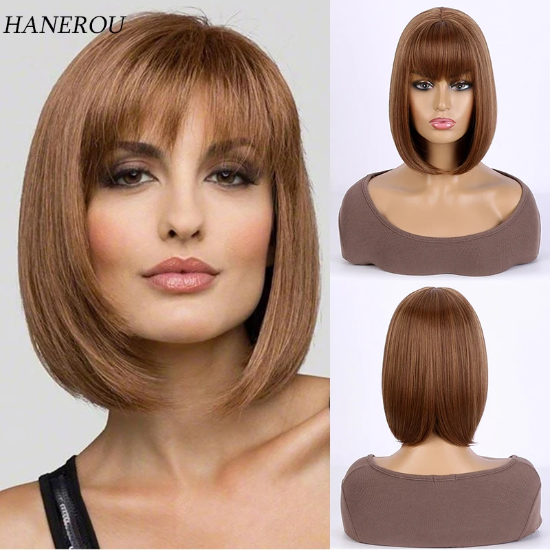 

Short Straight Brown Wig with Bangs Shoulder Length Cosplay Party Daily Use for Women Heat Resistant Synthetic Fiber Wigs