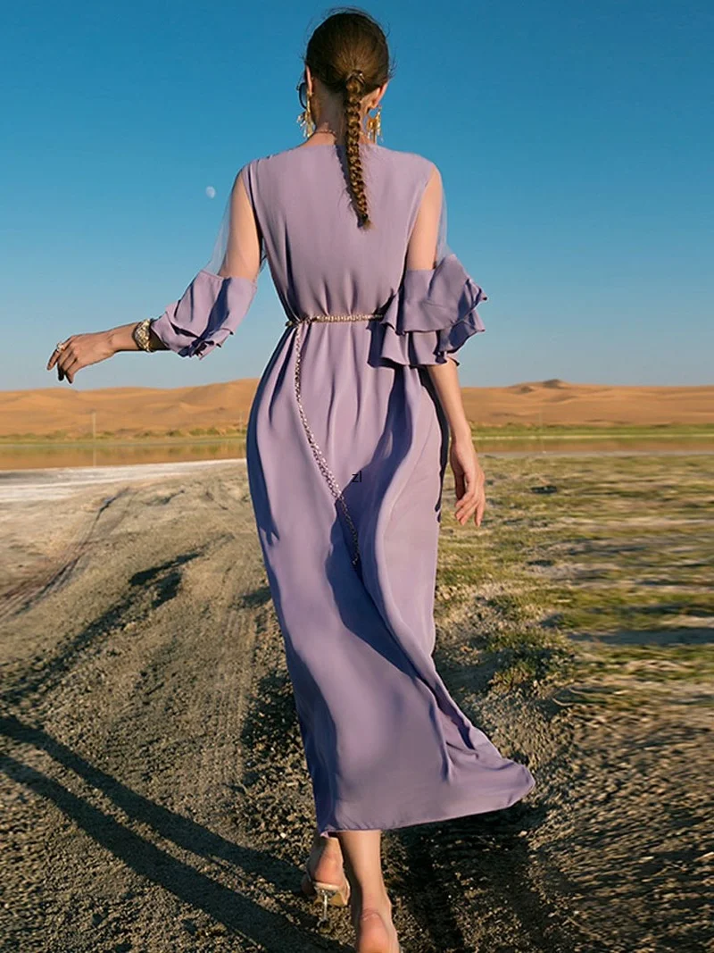 Tulle Sleeve Abaya Long Dress Women Handsewn Rhinestones Moroccan Party Kaftan Muslim Dubai Evening Abayas with Metallic Belt