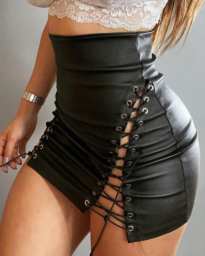 

High Waist PU Leather Eyelet Lace-Up Skirt Chic Fashion Summer Form-fitting High Style Mini Daily Sexy Night Out
