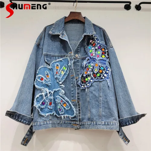 

Heavy Industry Beads Butterfly Frayed Hem Denim Jacket Women's Autumn Coat 2023 New Loose Design Jean Jacket Top