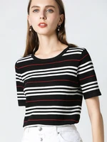 aossviao 2022 knitted fashion stripe cotton t shirt summer women o neck simple lce silk tshirt short sleeve ladies tops